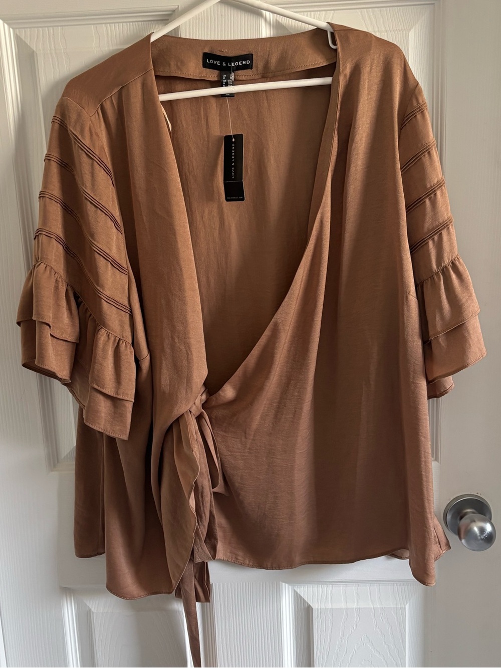 Love & Legend brown  Wrap Front Ruffle Sleeve Top
